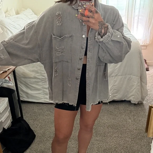 Vici Oversized Distressed Button-Down Shirt Jacket in Light Gray - Picture 3 of 8